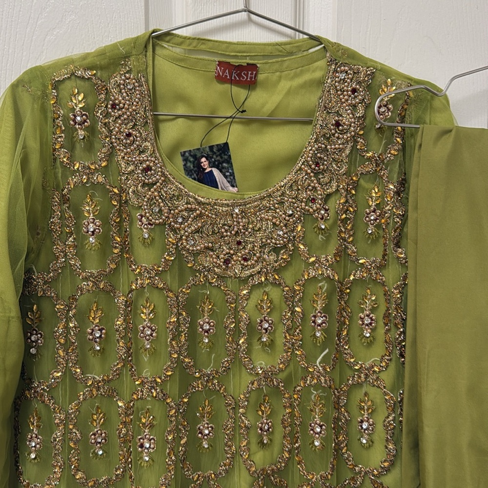 Embellished Long Sleeve Women's Dress in Lime Green shilwar - Picture 2 of 6